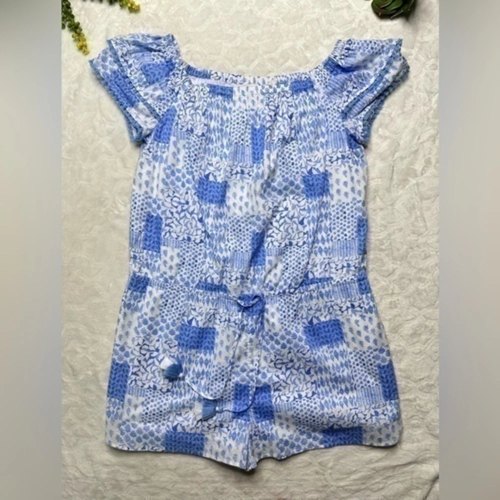 Vineyard Vines Painted Patchwork Ruffle Off The Shoulder Romper in Hydrangea L